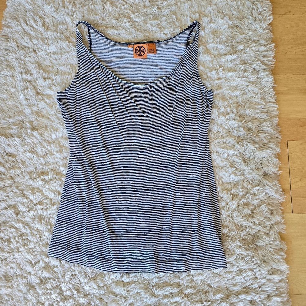 Tory Burch Pima Cotton Tank Top Striped Blue White Womens Size S Scoop Neck